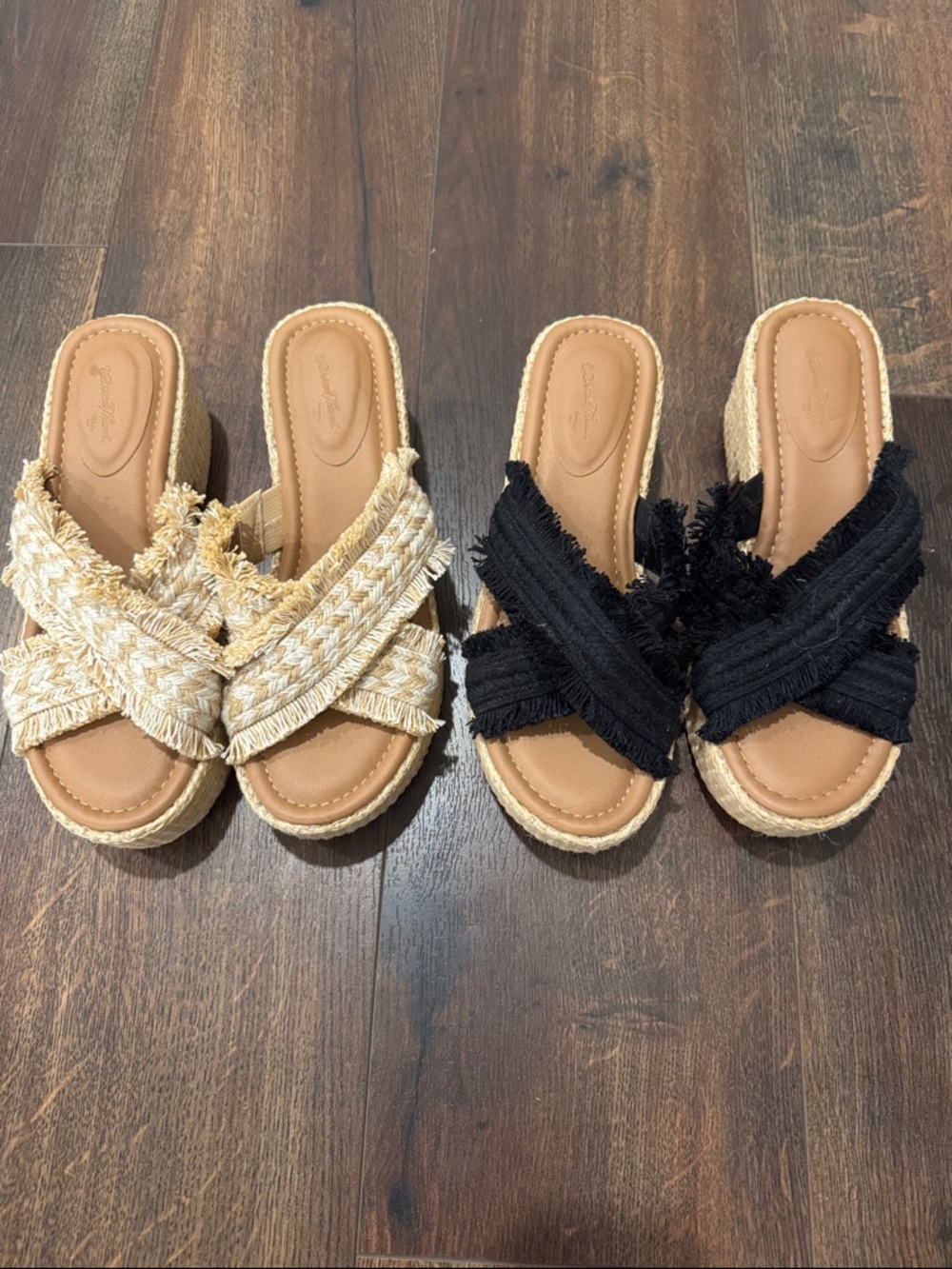 Universal Thread 2 pairs Frayed Crossband Slide Sandals - Black and Natural 8.5